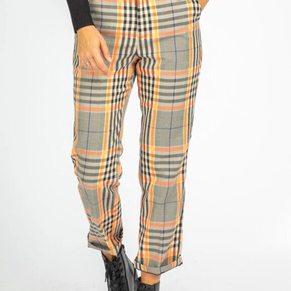 Grey Lab Los Angeles Orange & Black‎ Neon Checkered Plaid Slack Pants S - Picture 1 of 8